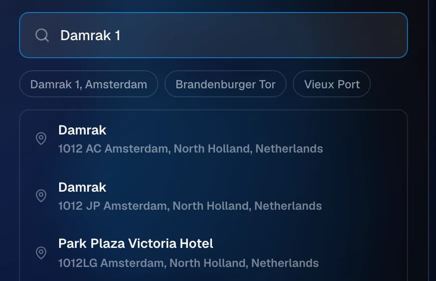 Typing Damrak 1 into the search box, with the matching addresses listed under it