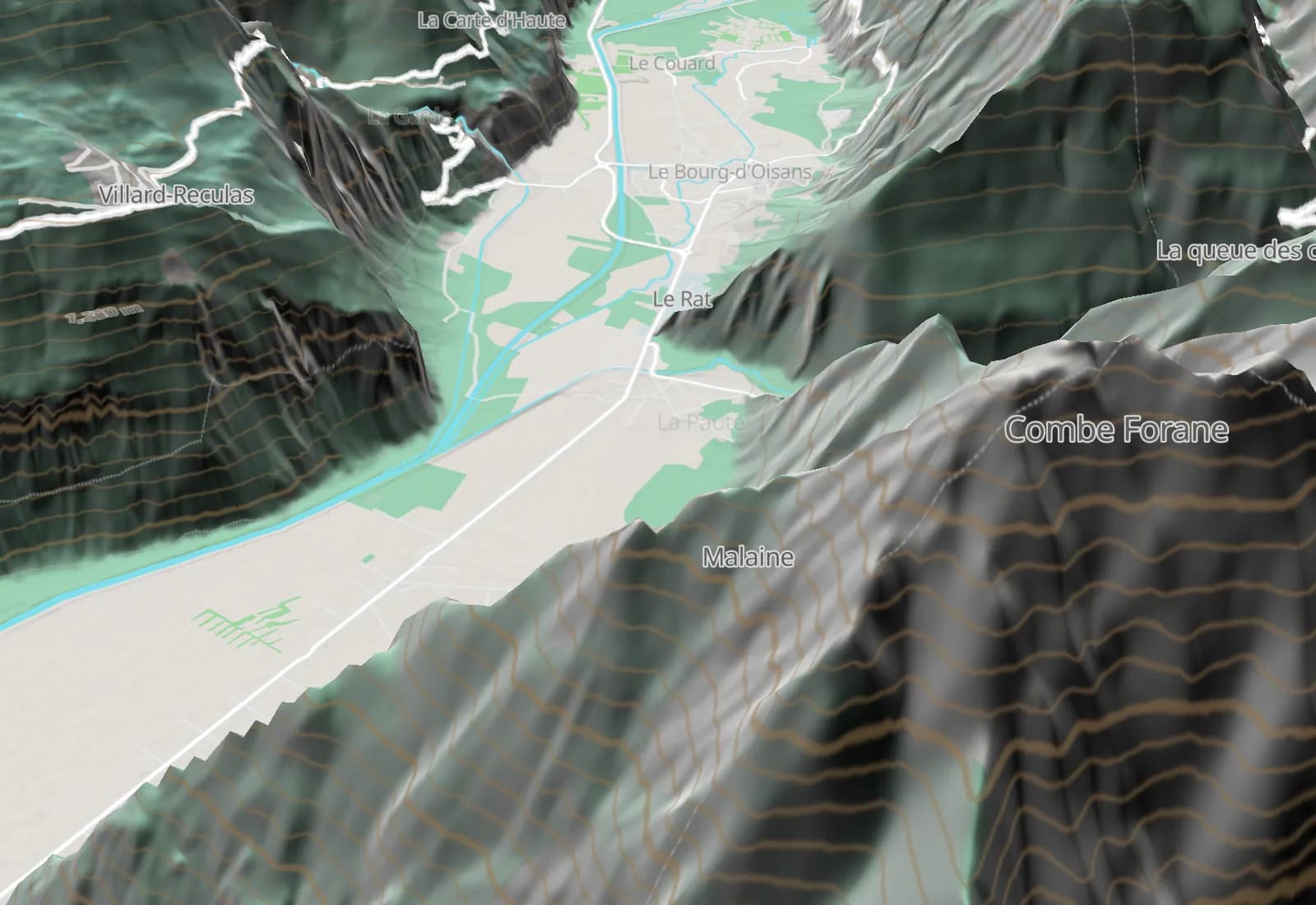The Bourg-d'Oisans valley in 3D with the Alpe d'Huez hairpins climbing out of it