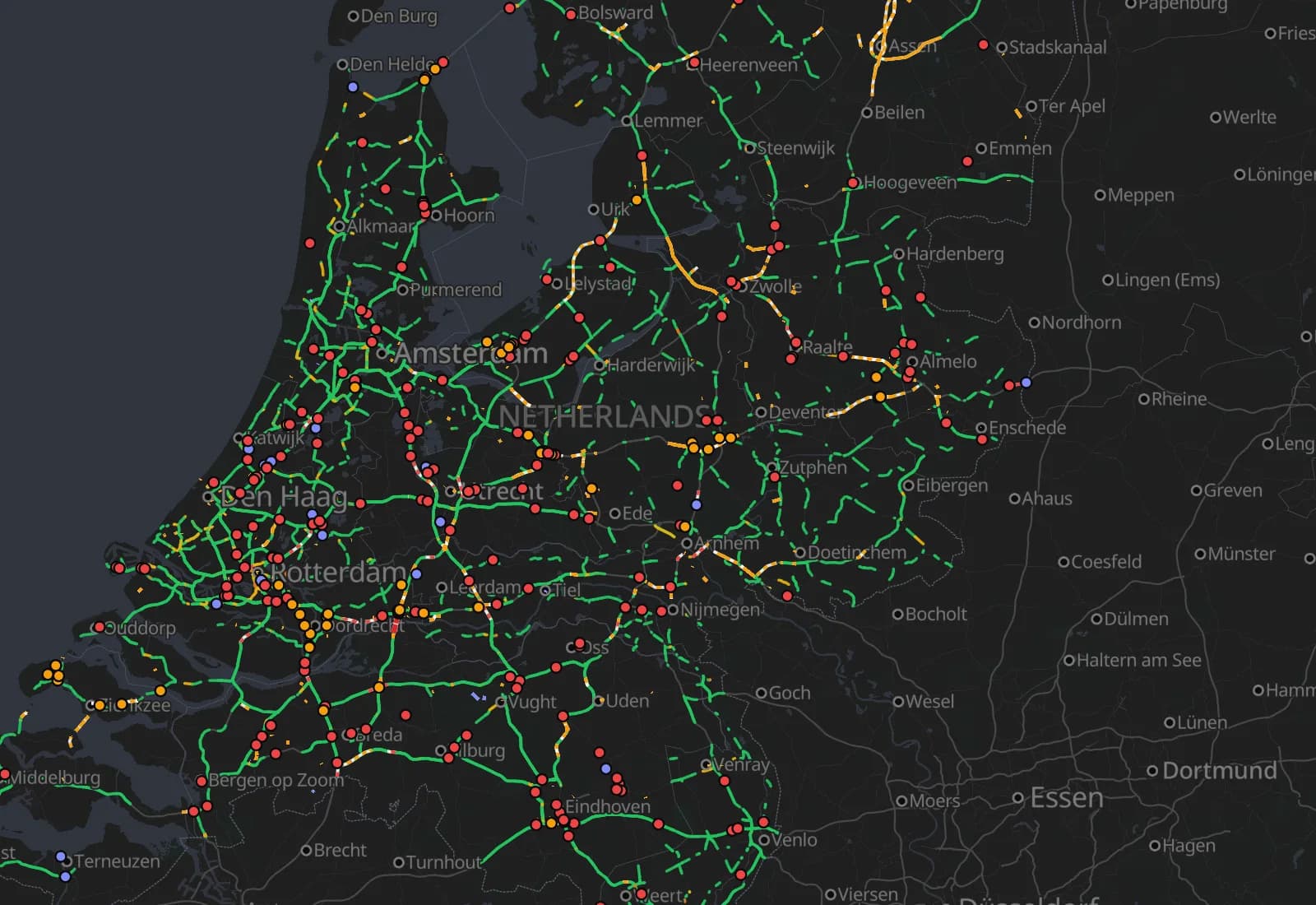 The Dutch motorway network coloured by live traffic flow with incident markers
