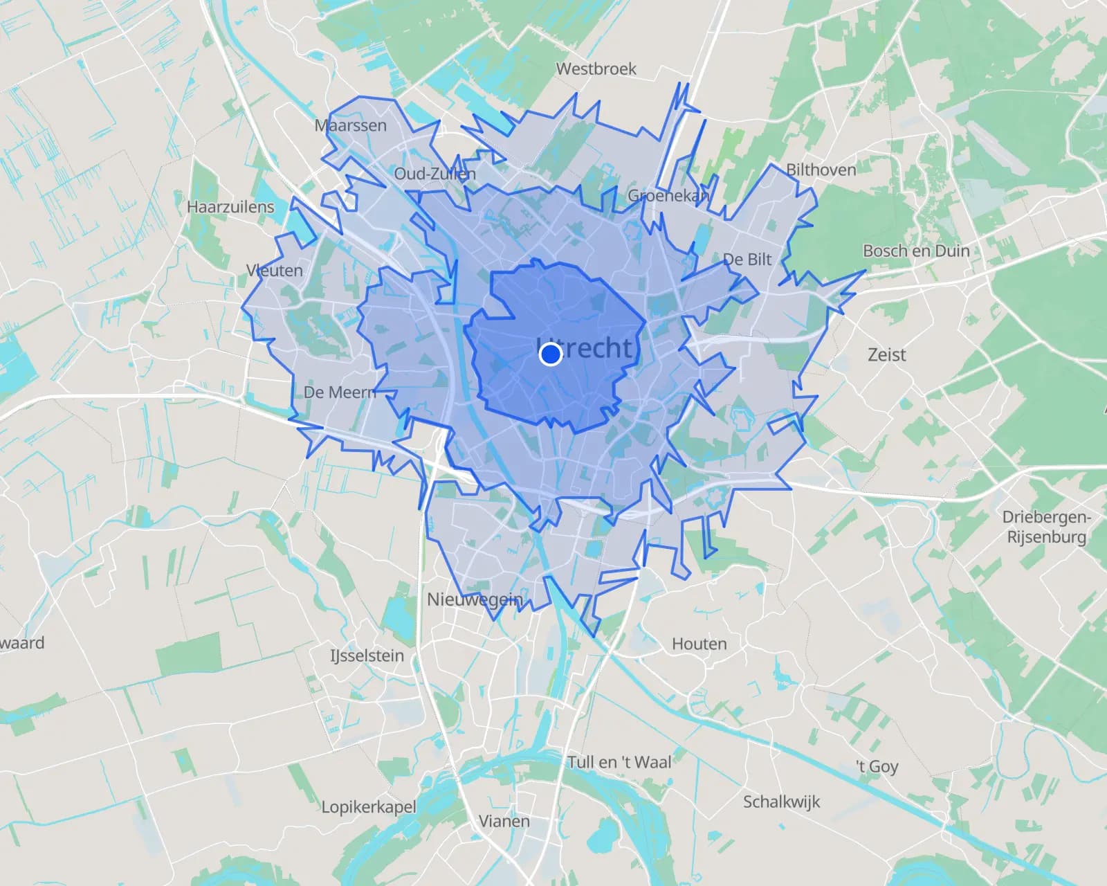 Three reach bands around Utrecht Centraal