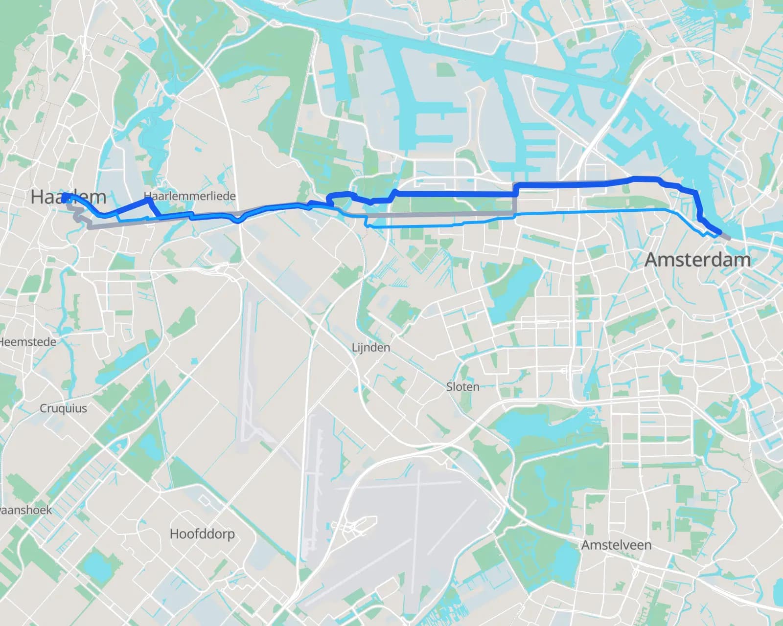 Map of the three routes from Amsterdam to Haarlem: car via the motorway, bike and on foot along the dyke and polder paths
